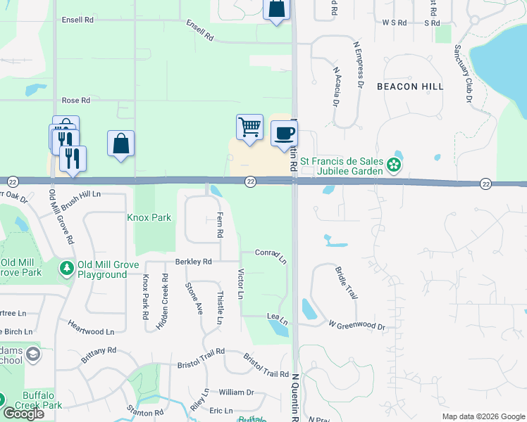 map of restaurants, bars, coffee shops, grocery stores, and more near 99 North Quentin Road in Lake Zurich