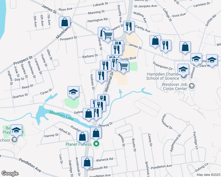 map of restaurants, bars, coffee shops, grocery stores, and more near 1423 Memorial Drive in Chicopee