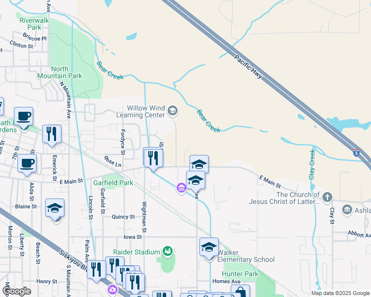 map of restaurants, bars, coffee shops, grocery stores, and more near 1521 East Main Street in Ashland
