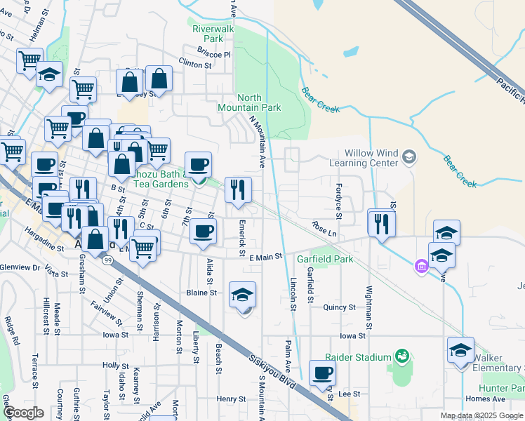 map of restaurants, bars, coffee shops, grocery stores, and more near 192 N Mountain Ave in Ashland