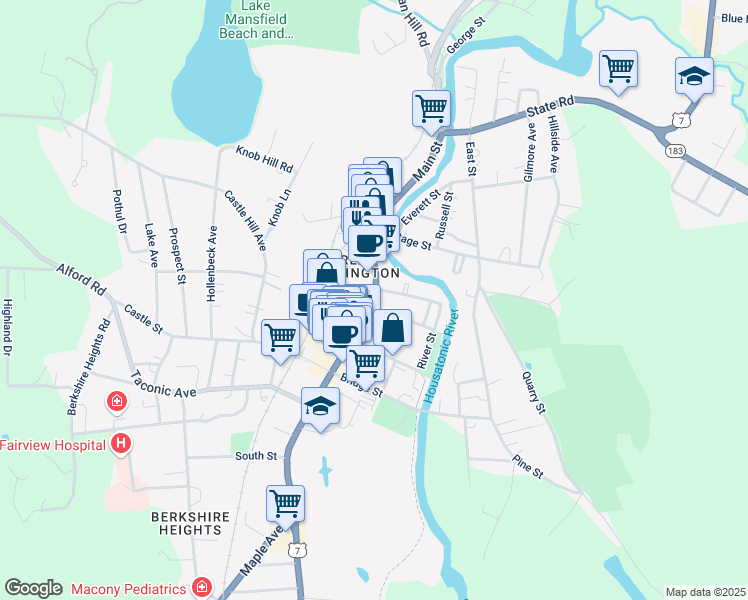 map of restaurants, bars, coffee shops, grocery stores, and more near 213 Main Street in Great Barrington
