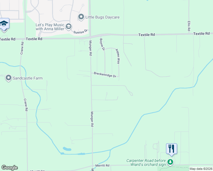 map of restaurants, bars, coffee shops, grocery stores, and more near 5104 Breckenridge Drive in Ypsilanti