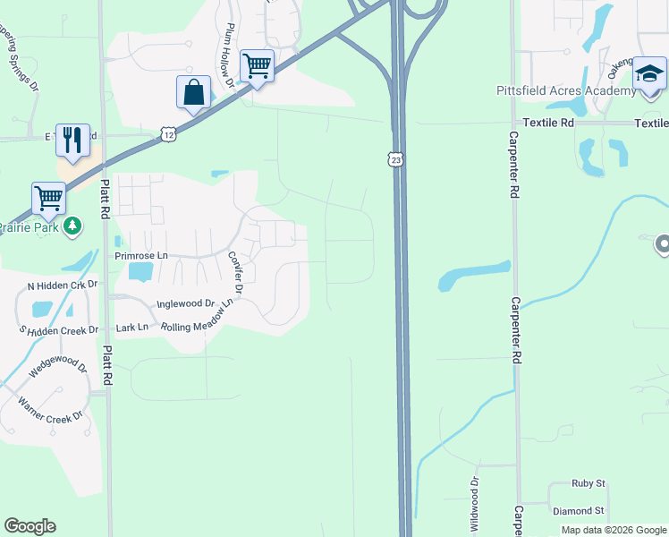 map of restaurants, bars, coffee shops, grocery stores, and more near 3488 Primrose Lane in Ypsilanti