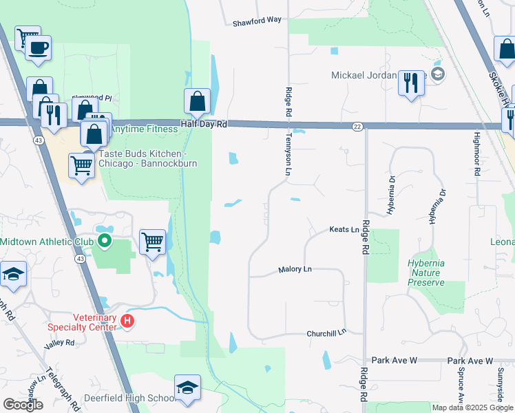 map of restaurants, bars, coffee shops, grocery stores, and more near 2400 Tennyson Lane in Highland Park