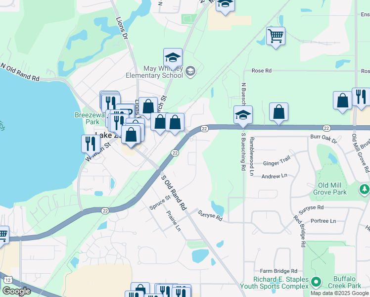 map of restaurants, bars, coffee shops, grocery stores, and more near 1 Mohawk Trail in Lake Zurich