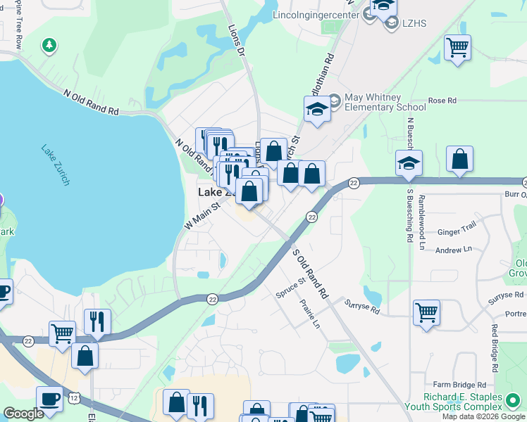 map of restaurants, bars, coffee shops, grocery stores, and more near 101 East Main Street in Lake Zurich