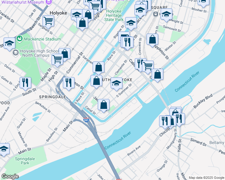 map of restaurants, bars, coffee shops, grocery stores, and more near 596 South Bridge Street in Holyoke