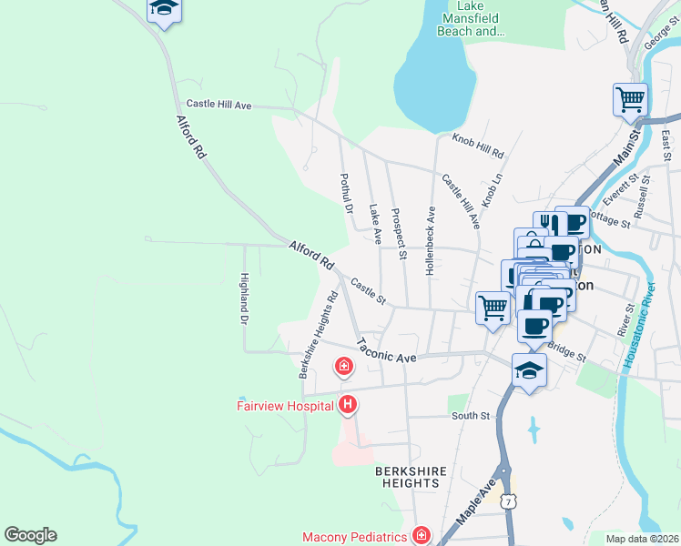 map of restaurants, bars, coffee shops, grocery stores, and more near 299 Castle Street in Great Barrington