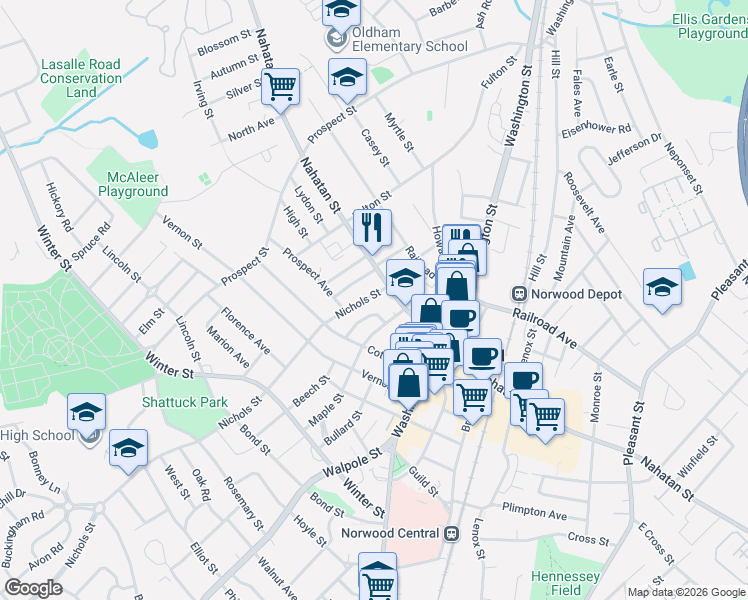map of restaurants, bars, coffee shops, grocery stores, and more near 9-11 Nichols Street in Norwood