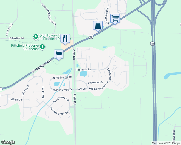 map of restaurants, bars, coffee shops, grocery stores, and more near 3138 Primrose Lane in Ypsilanti