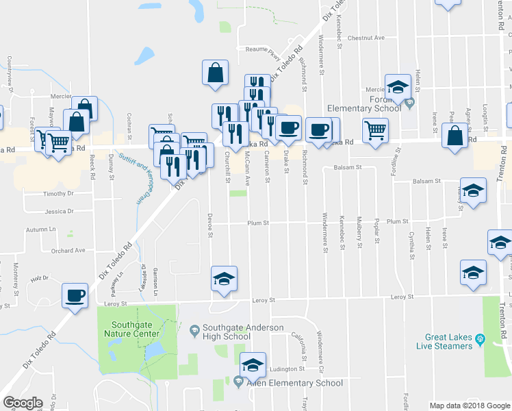 map of restaurants, bars, coffee shops, grocery stores, and more near 15315 McCann Avenue in Southgate
