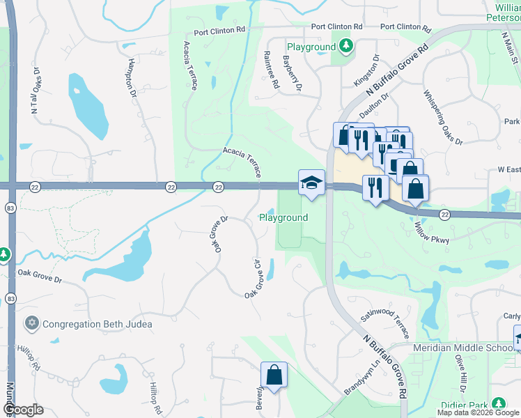 map of restaurants, bars, coffee shops, grocery stores, and more near 5546 Oak Grove Drive in Long Grove
