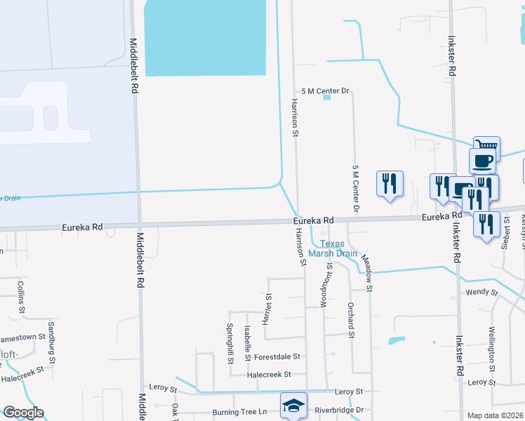 map of restaurants, bars, coffee shops, grocery stores, and more near 28498 Eureka Road in Romulus