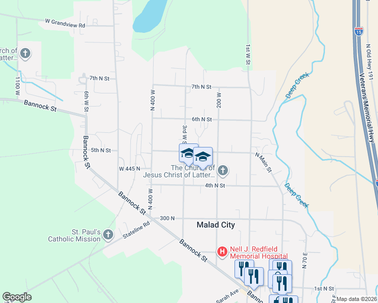 map of restaurants, bars, coffee shops, grocery stores, and more near 280 West 500 North in Malad City