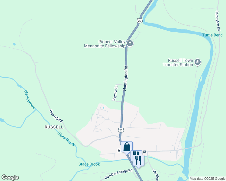 map of restaurants, bars, coffee shops, grocery stores, and more near 43 Raymur Drive in Russell