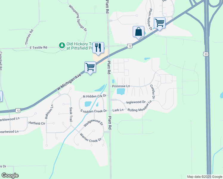 map of restaurants, bars, coffee shops, grocery stores, and more near 6391 Platt Road in Ypsilanti