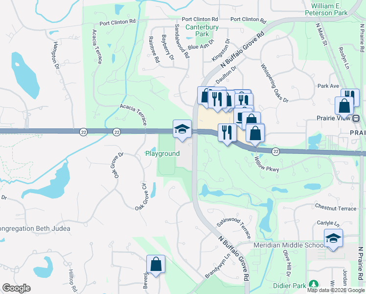map of restaurants, bars, coffee shops, grocery stores, and more near 2600 North Buffalo Grove Road in Buffalo Grove