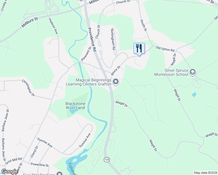 map of restaurants, bars, coffee shops, grocery stores, and more near 126 Providence Road in Grafton