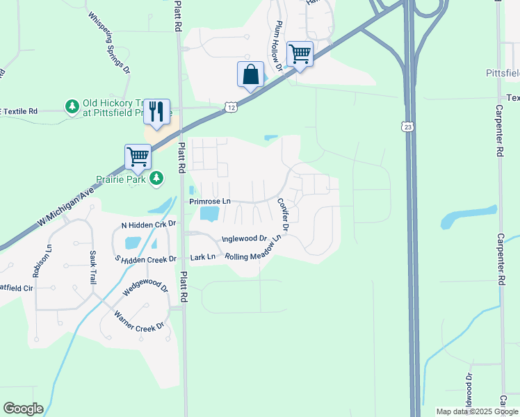 map of restaurants, bars, coffee shops, grocery stores, and more near 3250 Primrose Lane in Ypsilanti