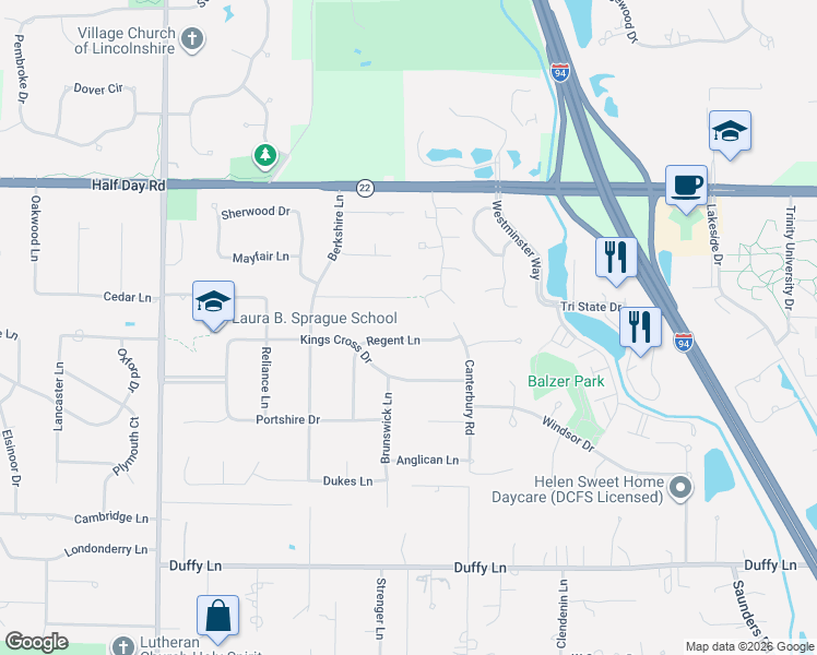 map of restaurants, bars, coffee shops, grocery stores, and more near 17 Nottingham Drive in Lincolnshire