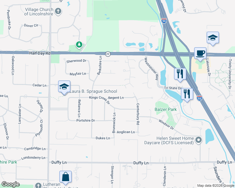 map of restaurants, bars, coffee shops, grocery stores, and more near 17 Nottingham Drive in Lincolnshire