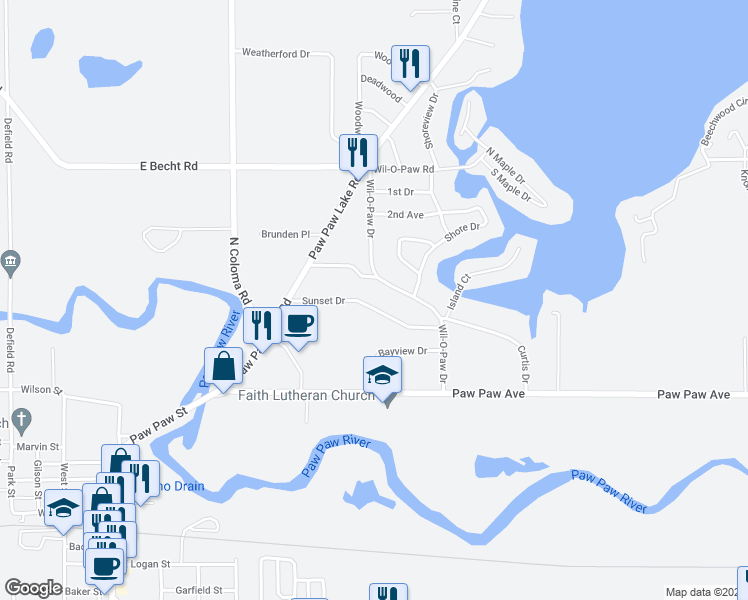 map of restaurants, bars, coffee shops, grocery stores, and more near 6729 Sunset Drive in Coloma