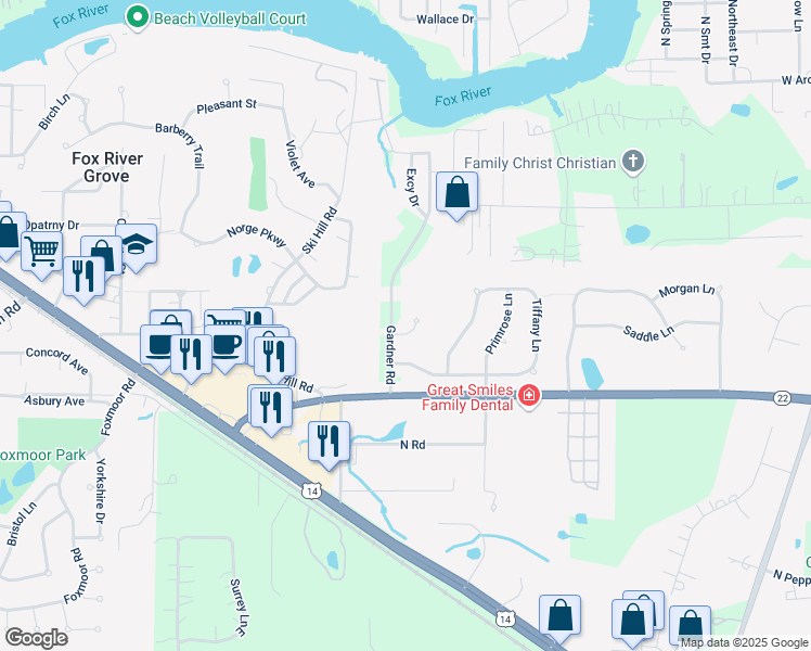 map of restaurants, bars, coffee shops, grocery stores, and more near 1038 Heather Court in Fox River Grove