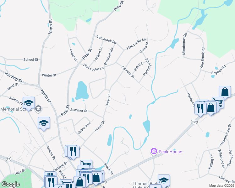 map of restaurants, bars, coffee shops, grocery stores, and more near 87 Green Street in Medfield