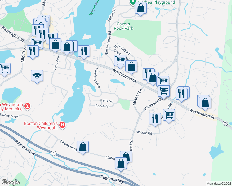 map of restaurants, bars, coffee shops, grocery stores, and more near 12 Crest Avenue in Weymouth