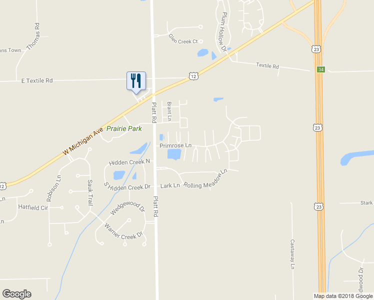 map of restaurants, bars, coffee shops, grocery stores, and more near 3148 Primrose Lane in Ypsilanti