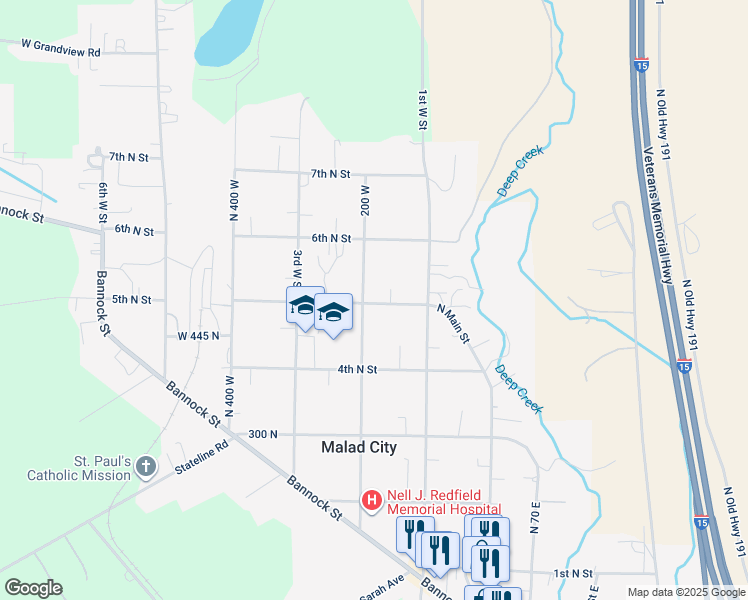map of restaurants, bars, coffee shops, grocery stores, and more near 176 West 500 North in Malad City