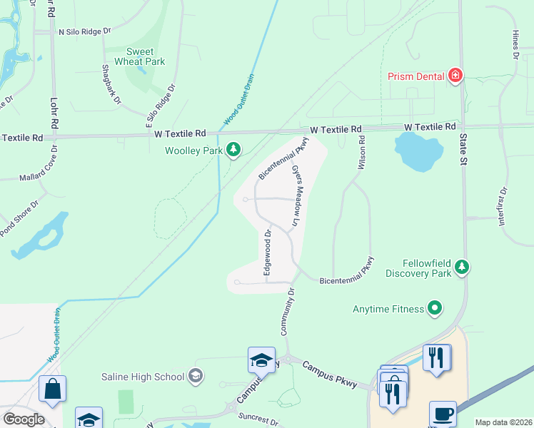 map of restaurants, bars, coffee shops, grocery stores, and more near 1355 Annendale Court in Ann Arbor