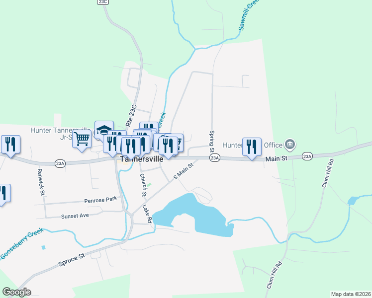 map of restaurants, bars, coffee shops, grocery stores, and more near 5936 Mian St in Tannersville