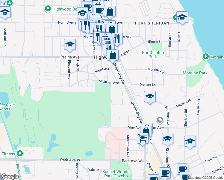 map of restaurants, bars, coffee shops, grocery stores, and more near 587 Chicago Avenue in Highland Park