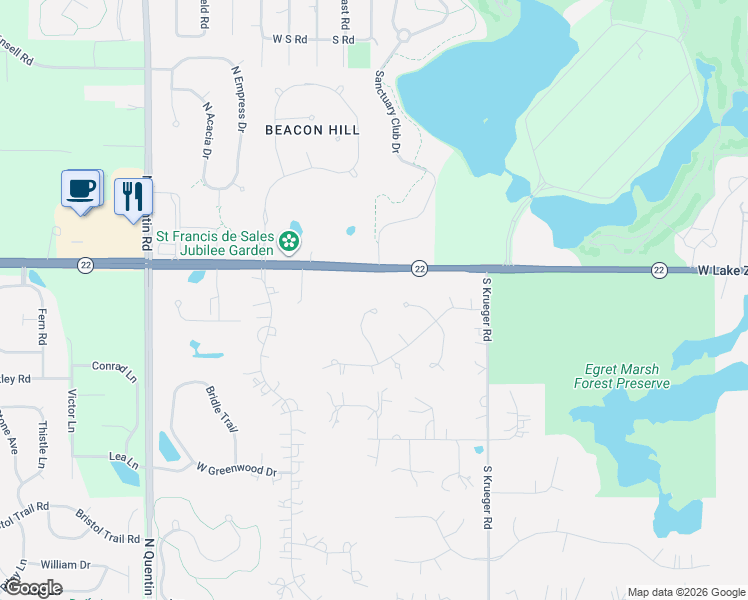 map of restaurants, bars, coffee shops, grocery stores, and more near 22904 Ridgewood Lane in Kildeer