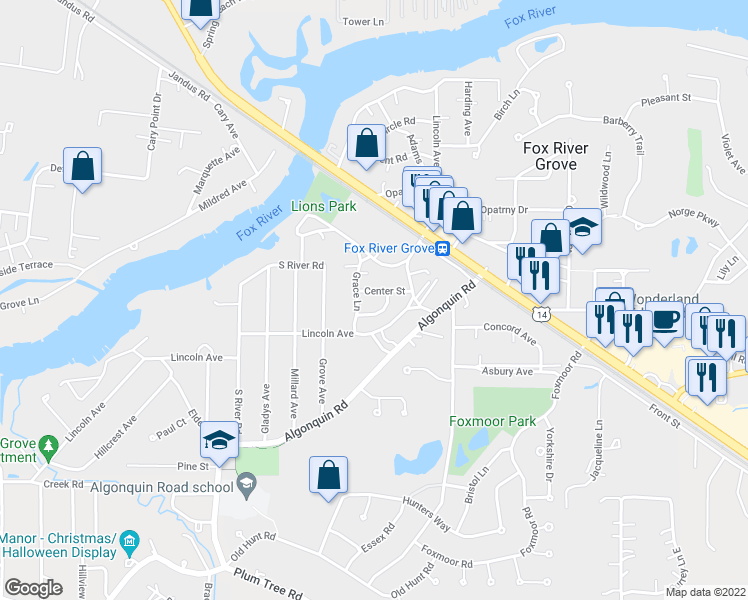 map of restaurants, bars, coffee shops, grocery stores, and more near 103 Center Street in Fox River Grove