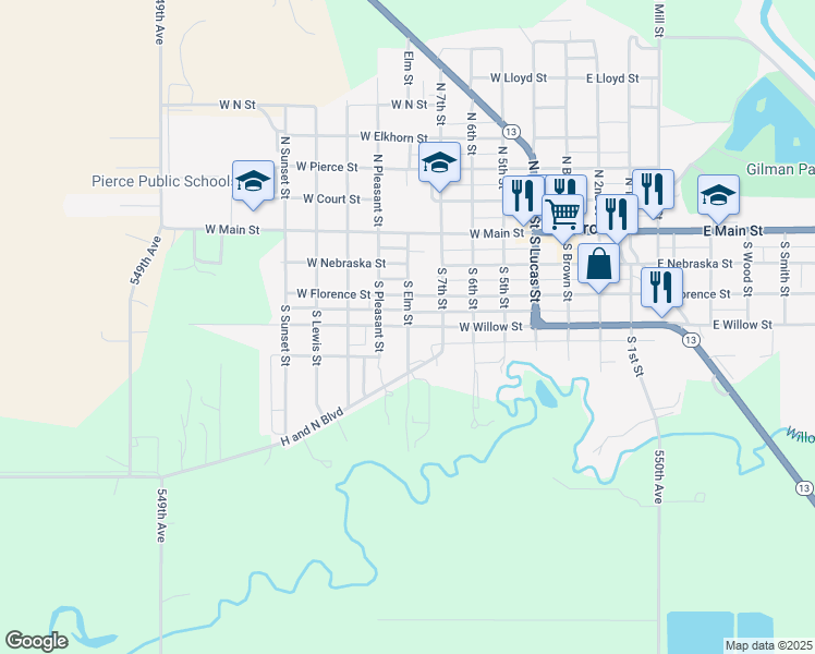 map of restaurants, bars, coffee shops, grocery stores, and more near 601 West Willow Street in Pierce