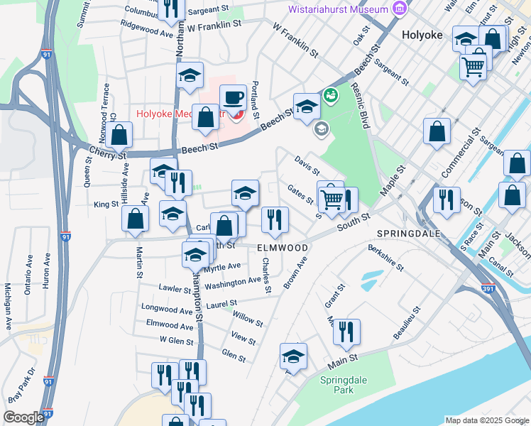 map of restaurants, bars, coffee shops, grocery stores, and more near 9-11 Quirk Avenue in Holyoke