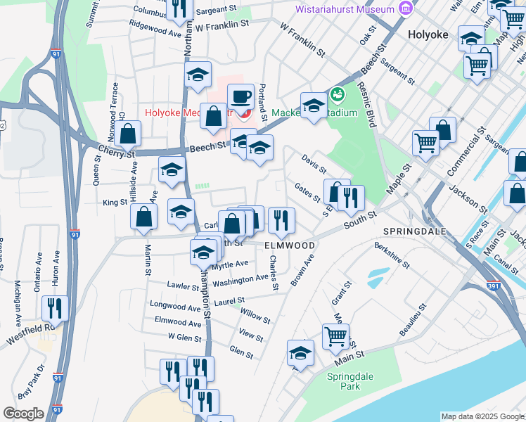 map of restaurants, bars, coffee shops, grocery stores, and more near 90 Wedgewood Terrace in Holyoke