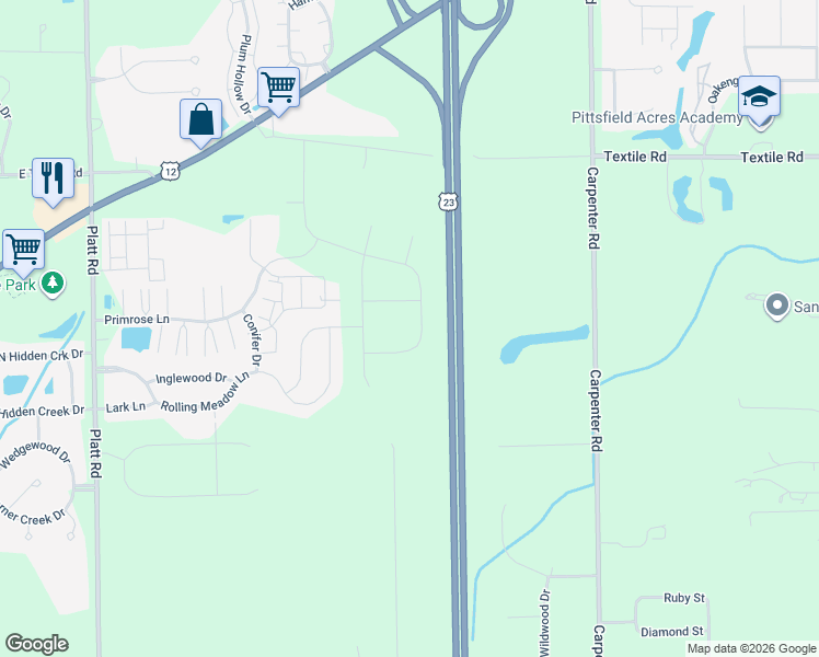 map of restaurants, bars, coffee shops, grocery stores, and more near 3488 Primrose Lane in Ypsilanti