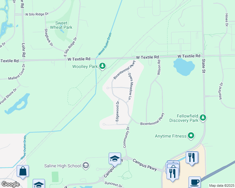 map of restaurants, bars, coffee shops, grocery stores, and more near 1355 Annendale Court in Ann Arbor