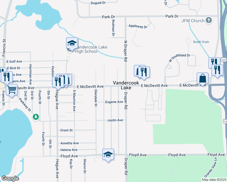 map of restaurants, bars, coffee shops, grocery stores, and more near 1205 East McDevitt Avenue in Jackson
