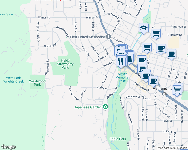 map of restaurants, bars, coffee shops, grocery stores, and more near 96 Scenic Drive in Ashland