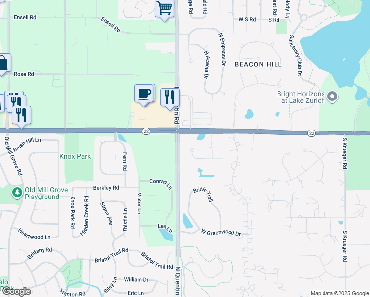 map of restaurants, bars, coffee shops, grocery stores, and more near 21725 West Hilandale Court in Kildeer