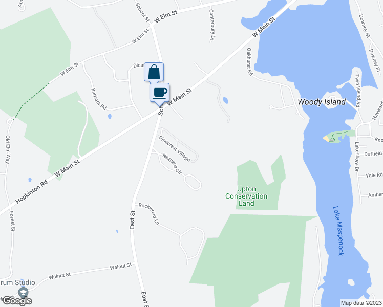 map of restaurants, bars, coffee shops, grocery stores, and more near 39 Pinecrest Village in Hopkinton