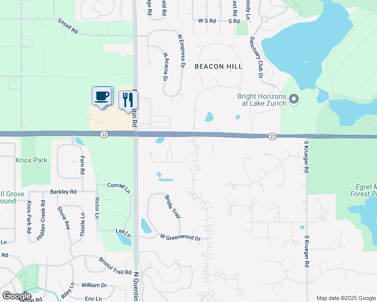 map of restaurants, bars, coffee shops, grocery stores, and more near 22926 North Foxtail Drive in Kildeer