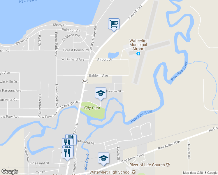 map of restaurants, bars, coffee shops, grocery stores, and more near 409 East Parsons Street in Watervliet