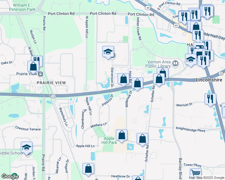 map of restaurants, bars, coffee shops, grocery stores, and more near 2 Stevenson Drive in Lincolnshire
