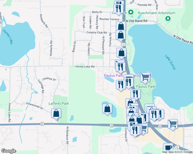 map of restaurants, bars, coffee shops, grocery stores, and more near 1195 Hunters Lane in Lake Zurich