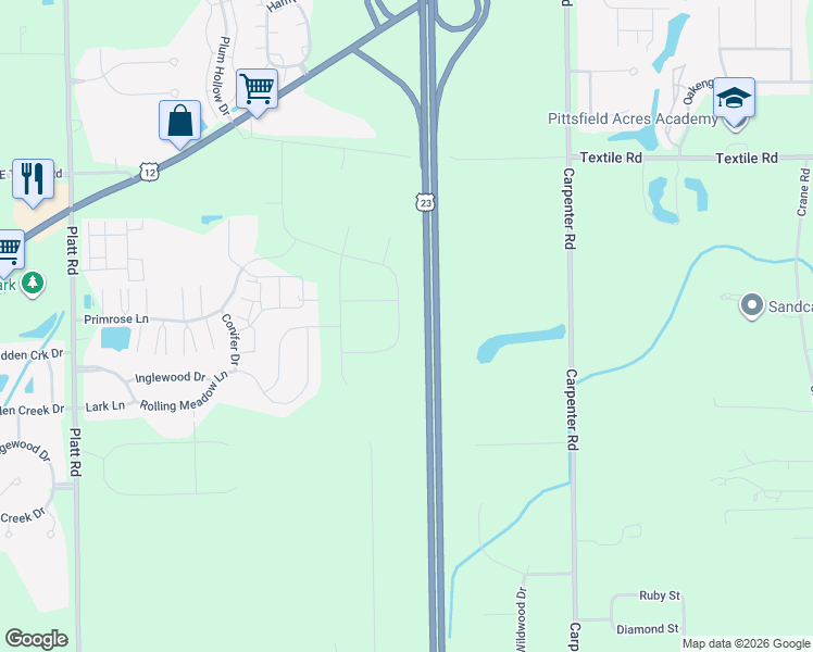 map of restaurants, bars, coffee shops, grocery stores, and more near 3488 Primrose Lane in Ypsilanti